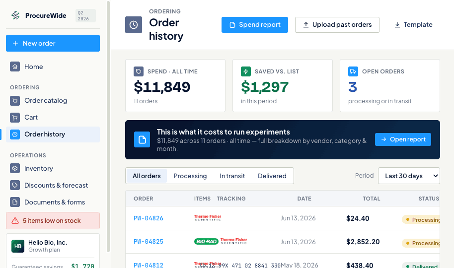 ProcureWide order history with live tracking status on every order