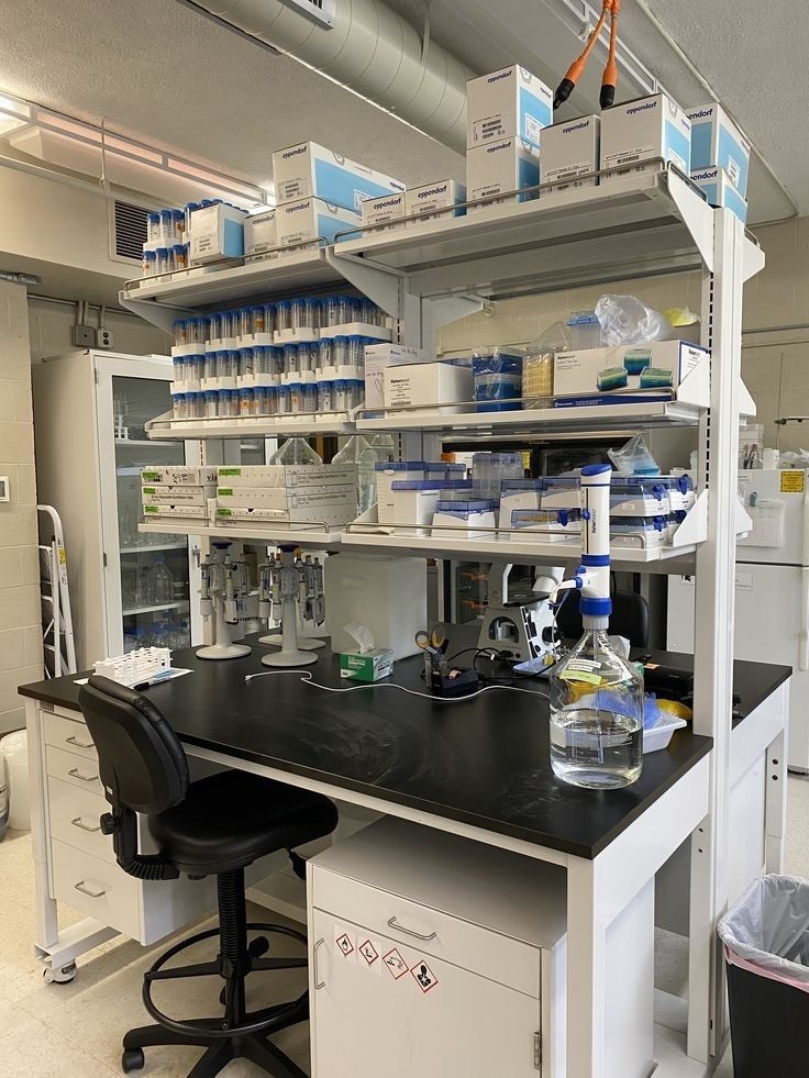 Consolidated lab supplies on the shelves at the San Diego facility